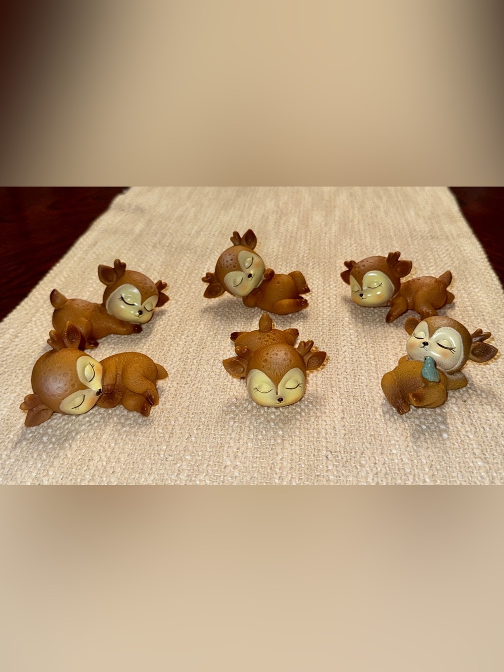 Set of 6 Small Sleeping Deer/Fawn Mini Figurines Brown/Beige w/ Blue Bird